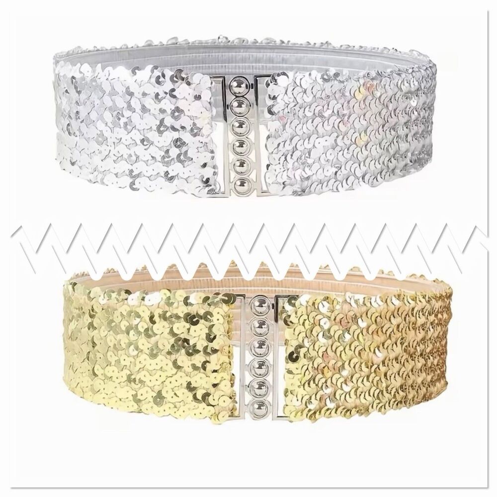Women's Two Sequin Elastic Waist Belts - Vintage Style, Adjustable One Size